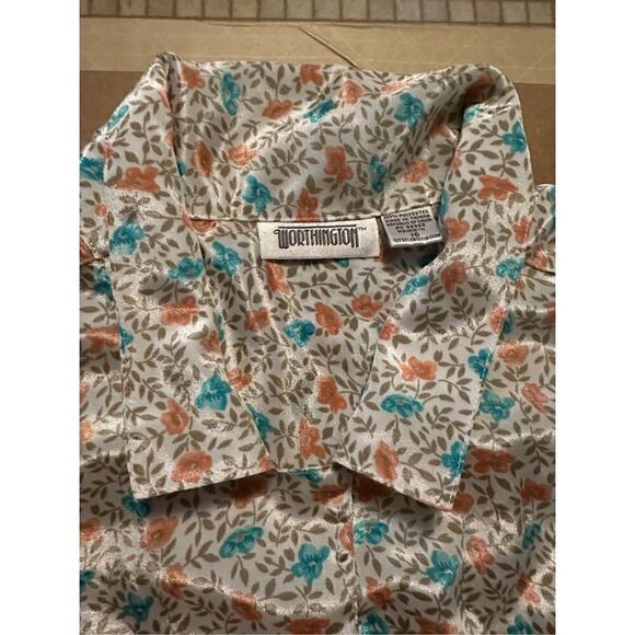 Vintage Worthington Blouse Womens Satin White Colorful Floral Button Up Shirt 16 - Picture 4 of 10